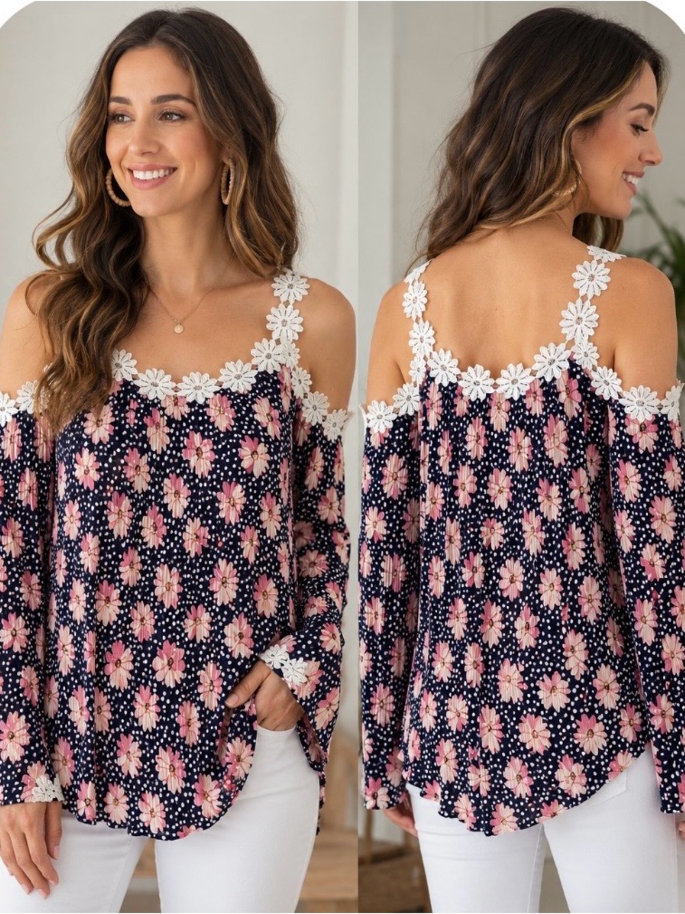 *Very Distinctive* Cold-Shoulder Floral Peasant Top with Crochet Daisy Trim